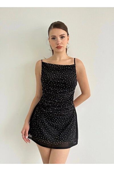 Bak Moda Taşlı Siyah Elbise