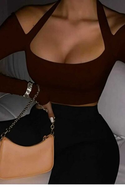 charango Bluză crop bodycon cu mânecă lungă, cu bretele la gât, decoltată la ...