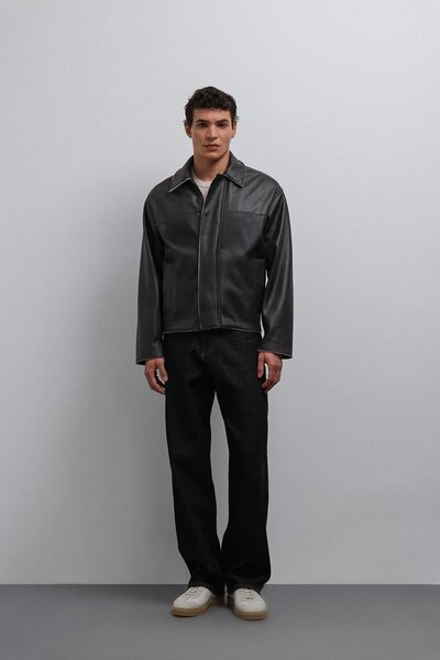 Antioch Black Relax Fit Faux Leather Men's Coat