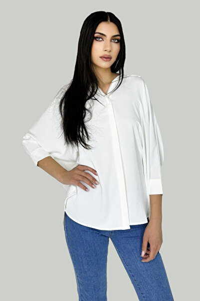 FashionForYou Cămașă lungă Yva, cu mâneci trei sferturi supradimensionat și nasturi ascunși, Alb