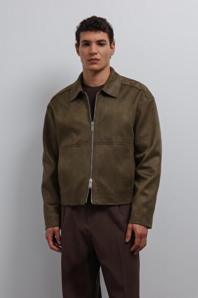 Antioch Khaki Zippered Faux Suede Men's Coat
