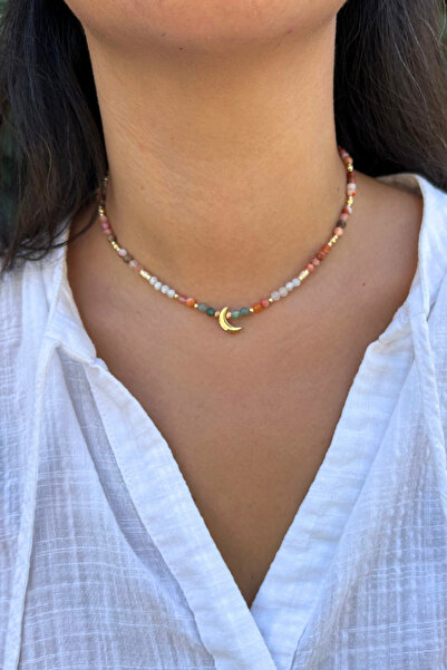 Suerte Accessories Agate Moonstone Sunstone Aventurine Natural Stone Gold Moon Point Handmade Minimal Natural Stone Necklace