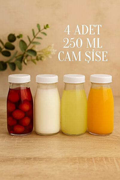 Tanemce 4 Adet Beyaz Plastik Kapaklı 250 ML Şeffaf Sürahi Süt, Ayran, Su, Limonata, Meşrubat Şişesi Cam Şişe