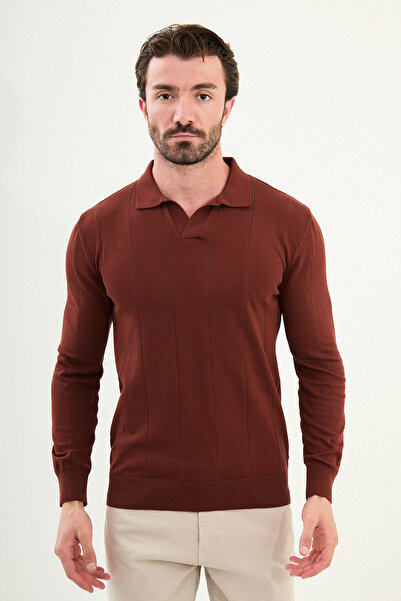 Mcr Pulover pentru bărbați cu guler înalt, cu dungi, slim fit, cărămidă - 115...