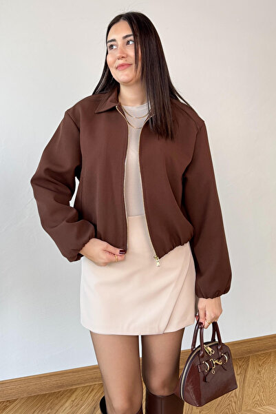 Cappmoda Ckt-12469 Brown Lined Zippered Bomber Jacket with Elastic Waist