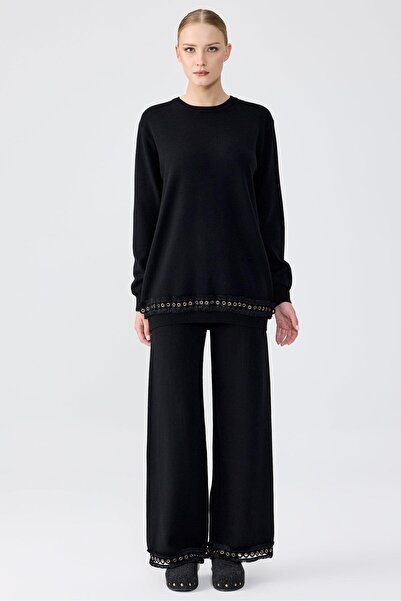 Tığ Triko Kuş Gözü Aksesuarlı Pantolonlu Triko Takım SİYAH