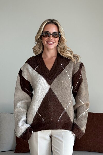 Laluvia Krémový - hnědý svetr s baklavovým vzorem - 25799