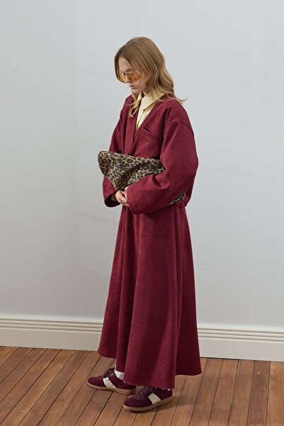 Ceylan Otantik Burgundy Suede Flared Skirt - Jacket Set