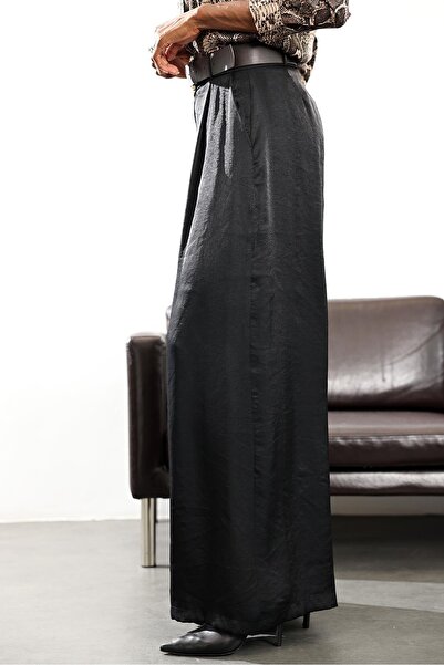 5in1Canpolat Siyah Kemerli Saten Geniş Pantolon