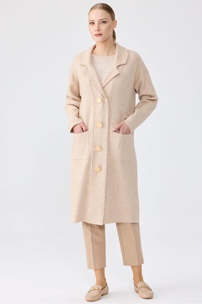 Tığ Triko Kruvaze Yaka Gold Düğmeli Triko Hırka BEJ