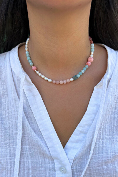 Suerte Accessories Akuamarin Pembe Kuvars Pembe Opal Doğal Taş Mayorka İnci E...