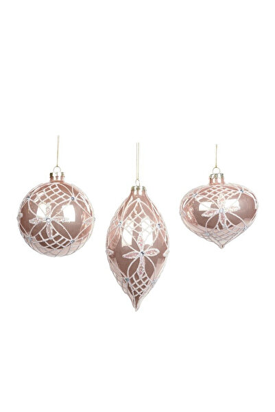 BraziPremium By OLLMA Set de 3 globuri de Crăciun Floare roz, sticlă, 8 cm