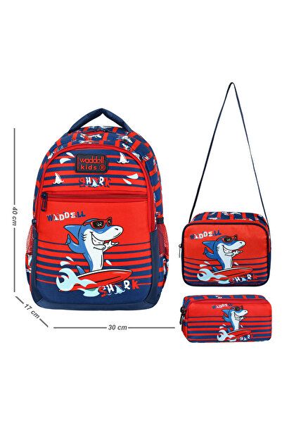 VESSARA Licensed Red Shark Patterned Boy's Primary School Backpack, Lunchbox and Pen Holder