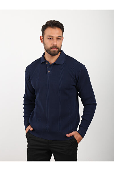 VALERO Men's Standard Fit Regular Cut Buttoned Polo Neck Navy Blue Knitwear Sweater