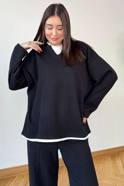 Cappmoda Tkm-1052 Black T-Shirt Detailed V-Neck Thessaloniki Knitwear & Casual Pants Two-Piece Set