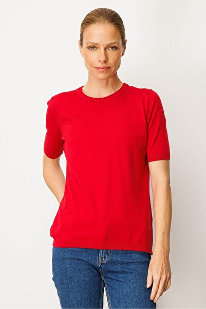 Desen Triko Kadın Sıfır Yaka Kısa Kollu Düz Bluz K.Kırmızı