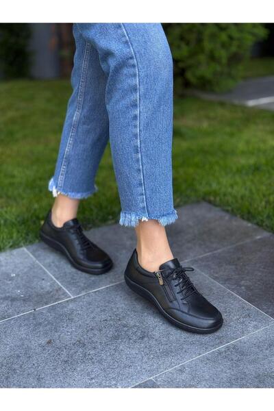 DİVA Siyah Deri Lastikli Fermuarlı Kadın Günlük Ayakkabı