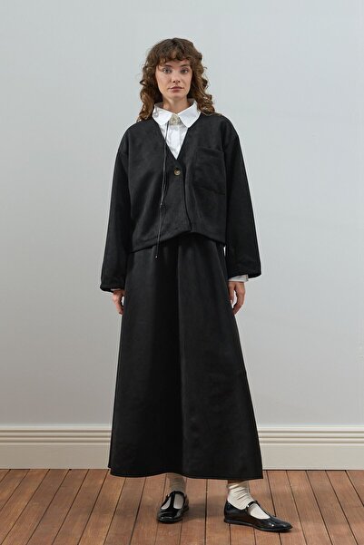 Ceylan Otantik Black Suede Flared Skirt - Jacket Set