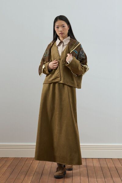 Ceylan Otantik Haki Süet Kloş Etek - Ceket Takım