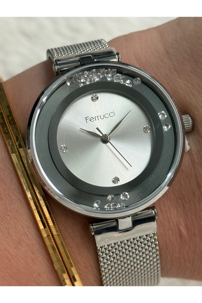 Ferrucci GÜMÜŞ RENK HAREKETLİ TAŞLI AYNA KADRAN HASIR KORDONLU KADIN SAATİ