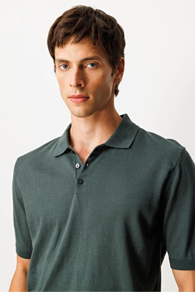 Desen Triko Men's Polo Neck 100% Cotton Short Sleeve Thin Knitwear Dark Green