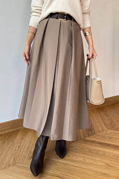 Cappmoda Etk-0580 Mink Pleated Belted Full Length Skirt