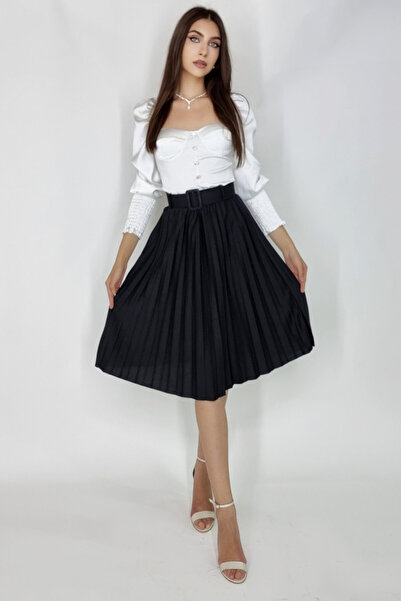 FashionForYou Fusta plisata eleganta Carmen, curea de aceeasi culoare inclusa, Negru