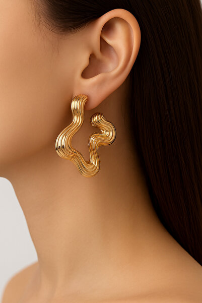 ELMATOLYE Women's Large Wavy Form Gold Color Abstract Design Earrings Modern and Stylish Jewelry