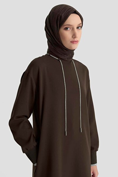 Armine 25Kt436 Brown Women's Tunic with Stone Lace Detail on the Collar and Ribbed Sleeves