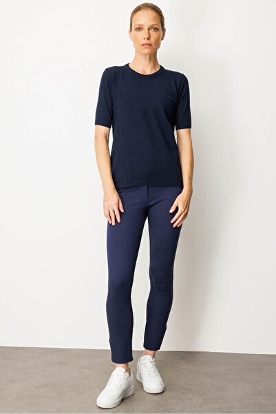 Desen Triko Women's Crew Neck Short Sleeve Plain Blouse Navy Blue