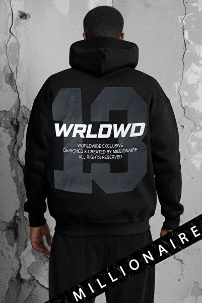 Millionaire Erkek Siyah 13 WORLWIDE 3 iplik Şardonlu Kapüşonlu Kanguru Cepli Oversize Salaş Hoodie Sweatshirt