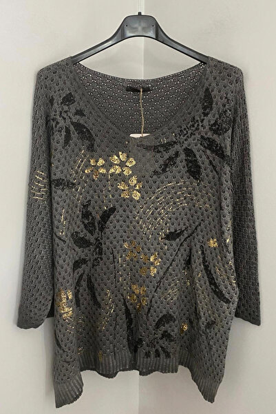 AYASOFYA OTANTIK Bluză de tricotat din plasă, gri închis, cu decolteu în V, cu mâneci liliac, cu model de frunze, pentru femei