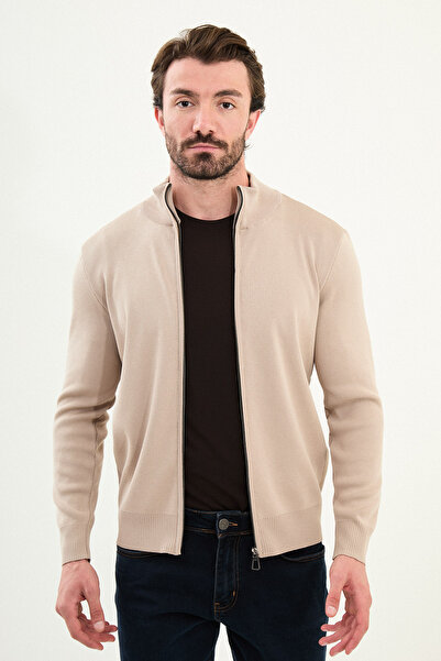 Mcr Plain Slim Fit Half Turtle Neck Men's Knit Cardigan Beige - 11242.25K