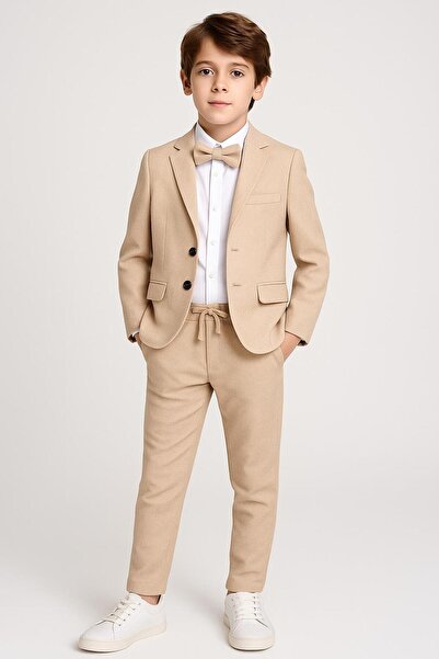 RAPAPA Boy's Cream Color Suit Set 4 Pieces (Jacket, Shirt, Bow Tie, 5430