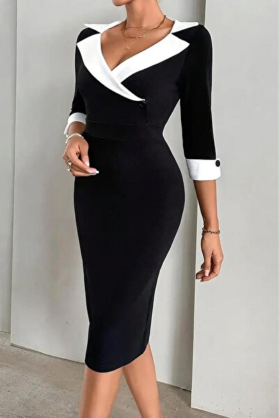 Deafox Black Long Sleeve Contrast Trim Detail Cufflink A-Line Crepe Fabric Dress