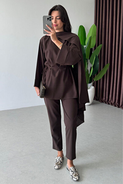 My Blog Brown Paloma Collar Detailed Blouse Pants Set - 8752