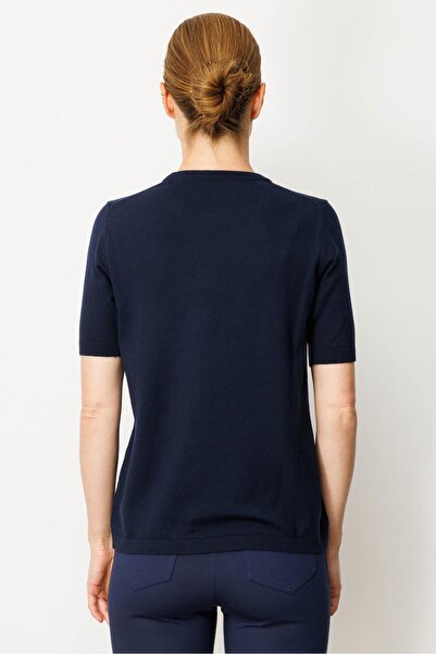 Desen Triko Women's Crew Neck Short Sleeve Plain Blouse Navy Blue