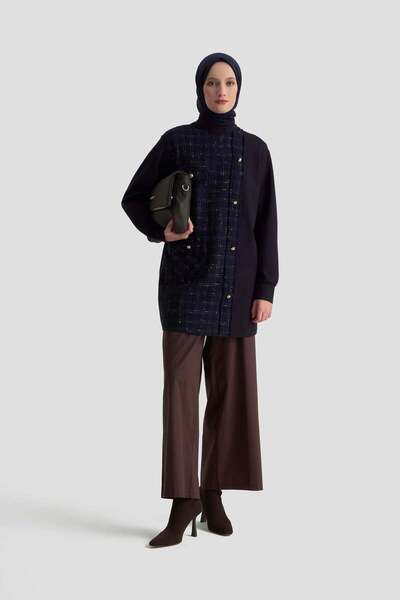 Armine 25KT415 Lacivert Kadın Dokuma Kumaş Gold Düğme Detaylı Fermuarlı Tunik