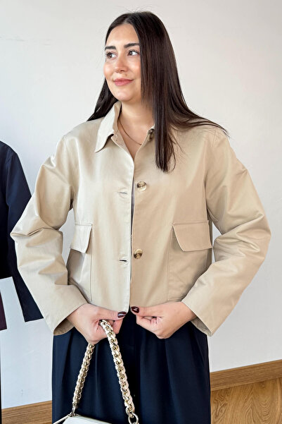 Cappmoda Ckt-0163 Beige Lined Gabardine Pocketed Crop Jacket