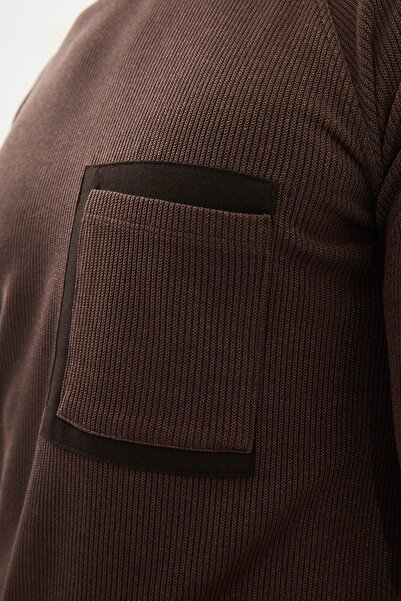 Mcr Ανδρικό μπλουζάκι από βαμβακερό μακρυμάνικο μπλουζάκι με ριγέ λεπτή εφαρμογή με λεπτομέρεια τσέπης καφέ - 36867.25K