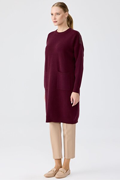 Tığ Triko Sıfır Yaka Cepli Triko Tunik BORDO