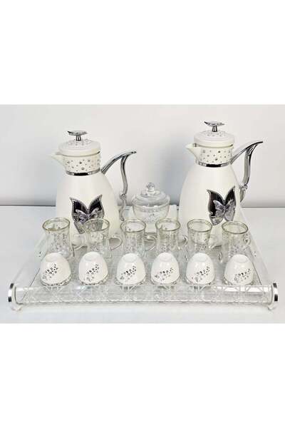 Radin طقم شاي وقهوة عربي من دمنهور، 22 قطعة، تصميم فضي أنيق، مع أكواب زجاجية ...