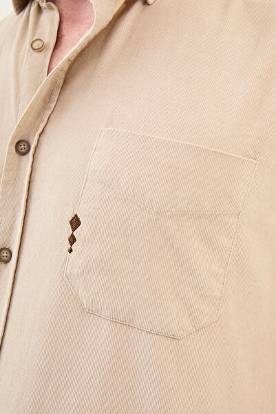 Mcr Plain Slim Fit Embroidery Detailed Velvet Men's Shirt Beige - 27109.25K