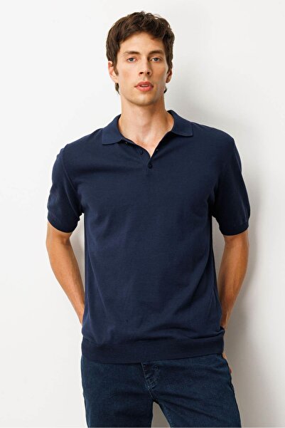 Desen Triko Men's Polo Neck 100% Cotton Short Sleeve Slim Knitwear Navy Blue