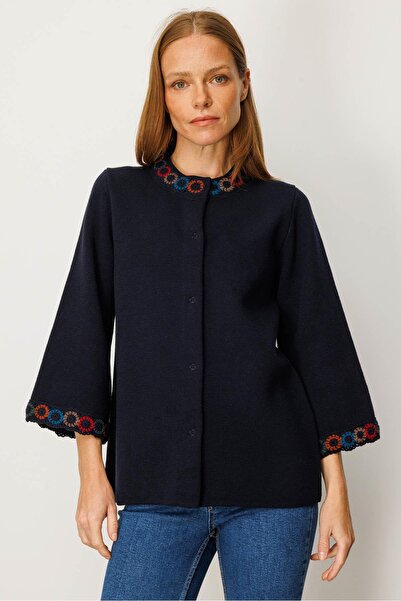 Desen Triko Women's Crocheted Collar and Sleeves Short Wool Coat Dark Blue