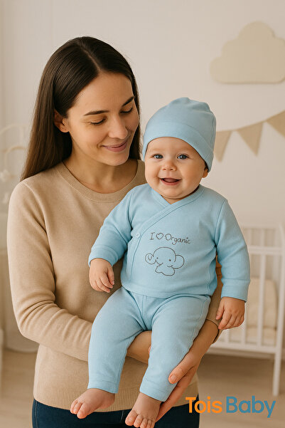 Tois Baby طقم أطفال عضوي بعد الولادة من 0-3 أشهر باللون الأزرق