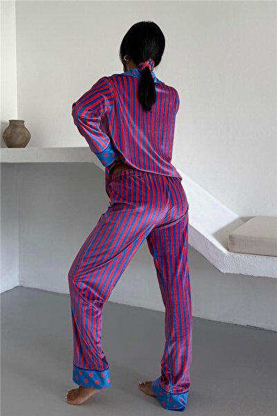 COCCOLARSI Mix Retrò Saks Kırmızı Kadife Uzun Pijama Takımı