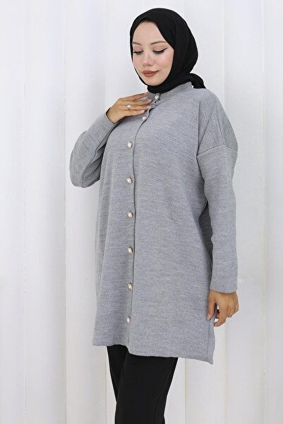 hafsamina Πλεκτό Ζακέτα με Πέρλες Γκρι HM2834