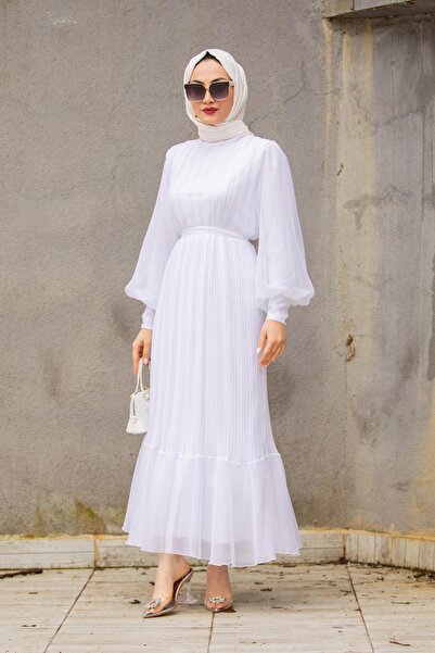 Tesettür Çarşım Mindy Drapeli Özel Gün Elbisesi-Beyaz