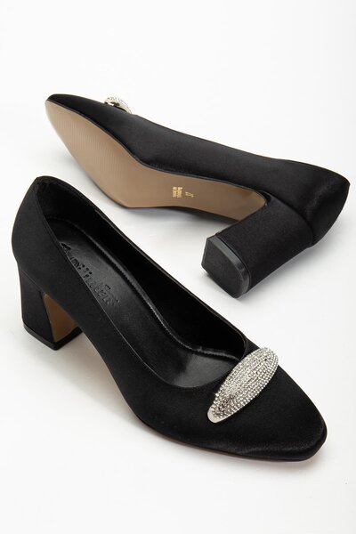 Dilimler Ayakkabı Women's Siletto Heeled Shoes Black Satin Stone Thick Heeled